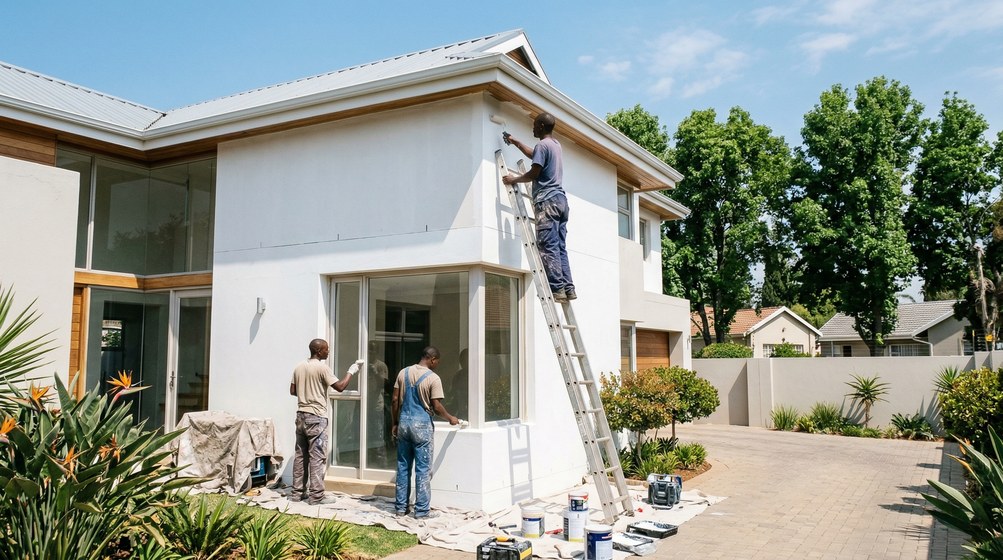 Painters working on a small cottage among the boulders in Bakoven, Cape Town