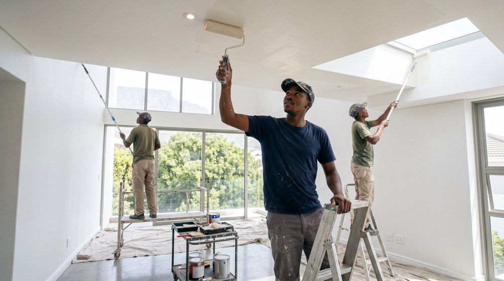 Professional ceiling painters rolling white paint onto a high ceiling in Fresnaye