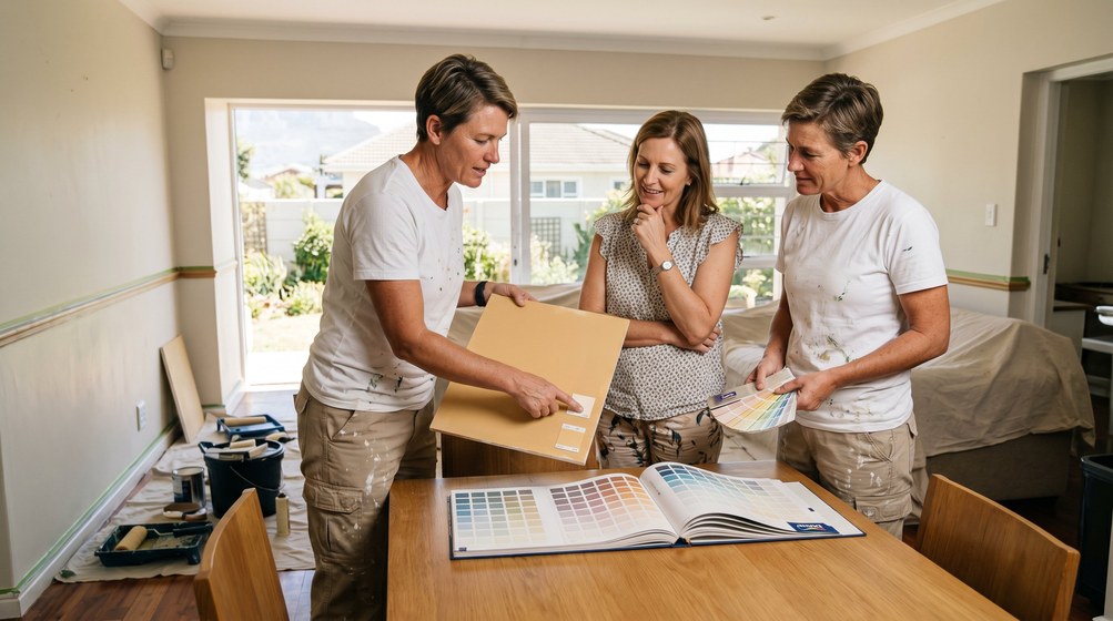 Professional colour consultant showing paint swatches to a homeowner in Fresnaye