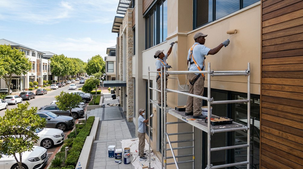 Professional commercial painters on scaffolding painting a building in Fresnaye