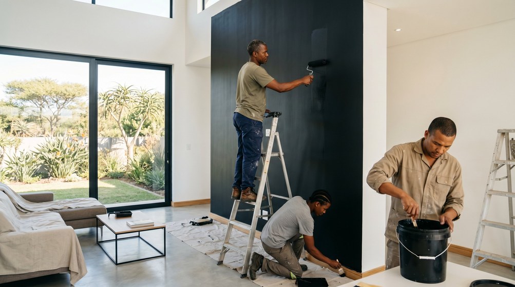 Professional painters creating a bold black feature wall in a modern Fresnaye home