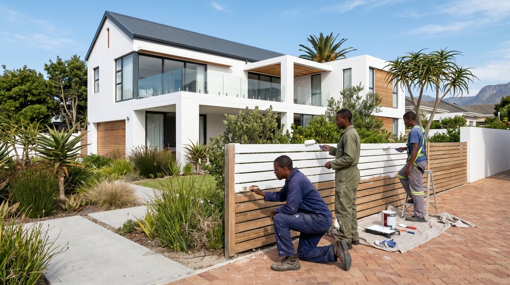 Professional fence painters painting a wooden fence at a Fresnaye home in Fresnaye