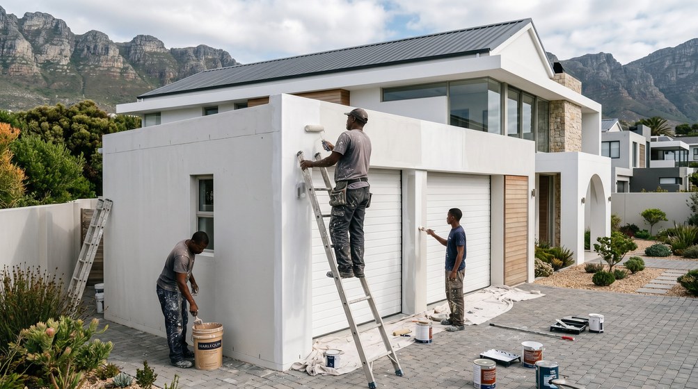 Professional painters painting a double garage exterior and garage doors in Fresnaye