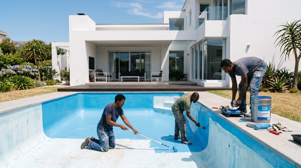 Professional pool painters applying blue pool paint to a swimming pool in Fresnaye