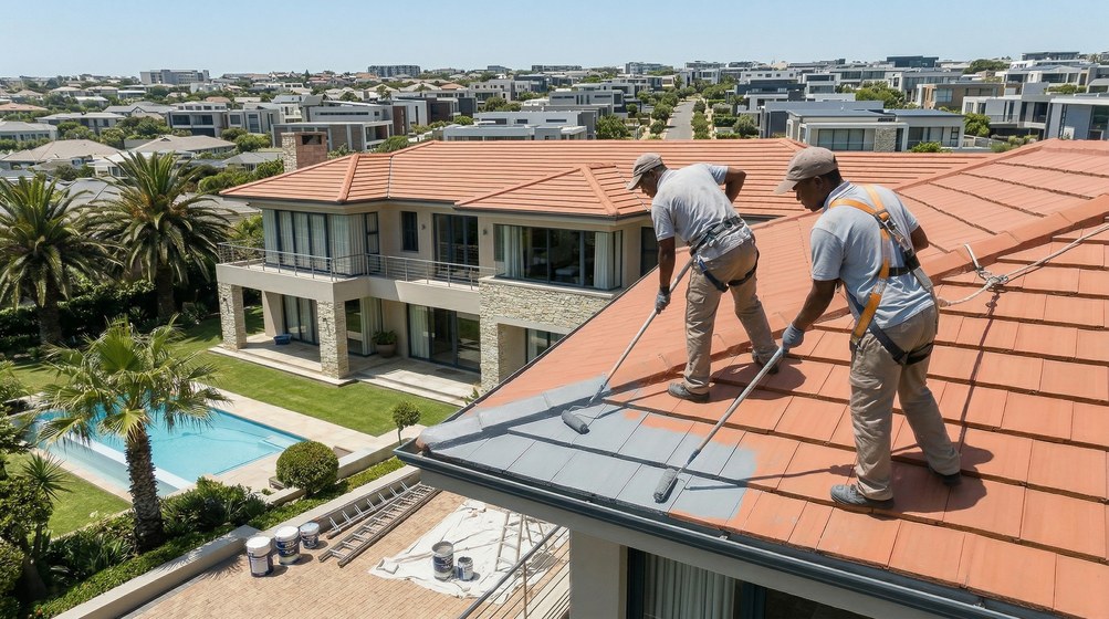 Professional roof painters applying waterproof coating to tiled roof in Fresnaye