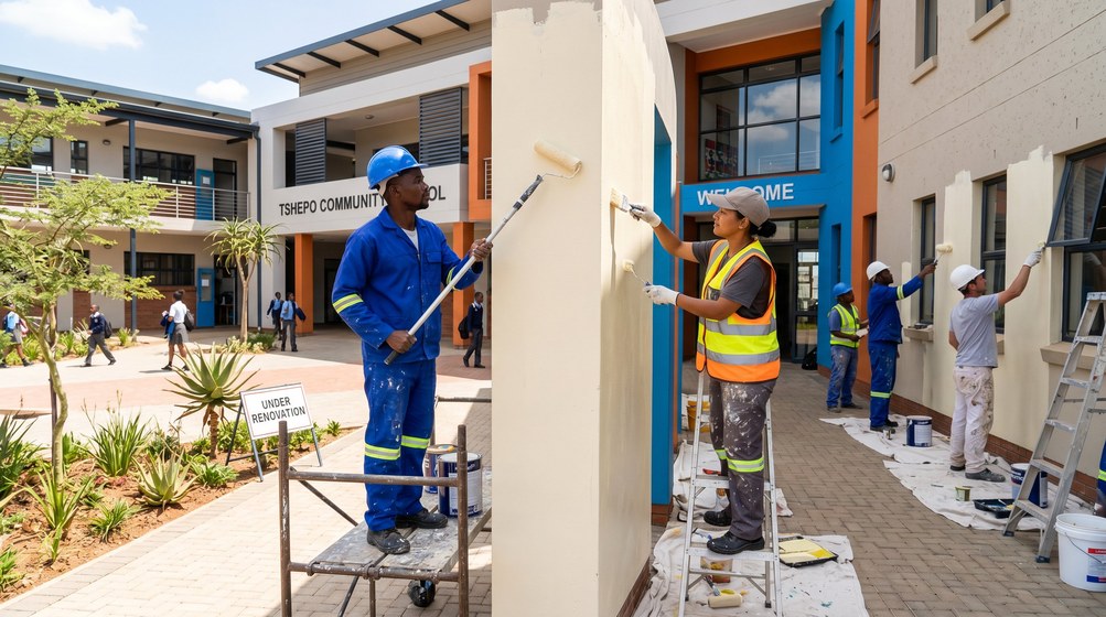Professional school painting team painting a community school in Fresnaye