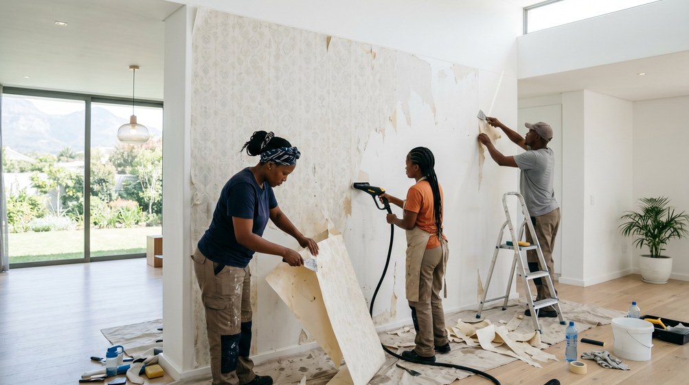 Professional wallpaper removal team stripping old wallpaper in a Fresnaye home